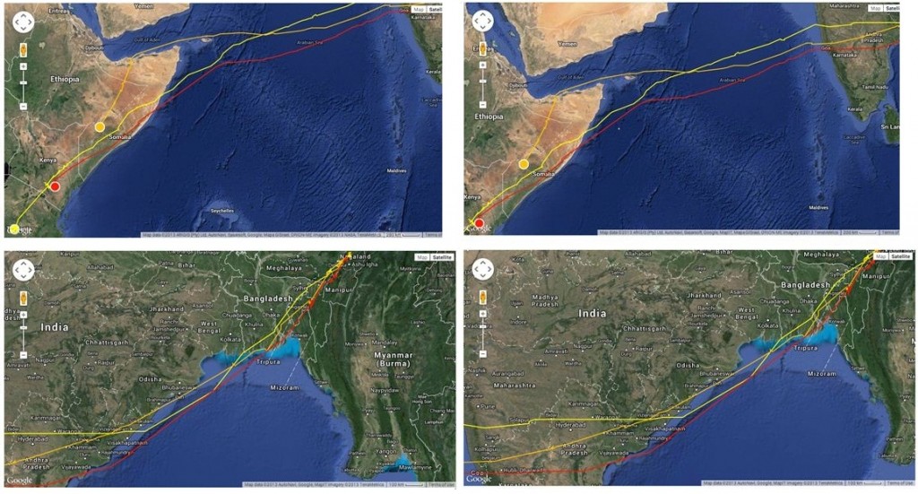 Satellite tracking images of the three falcons over the ocean and India